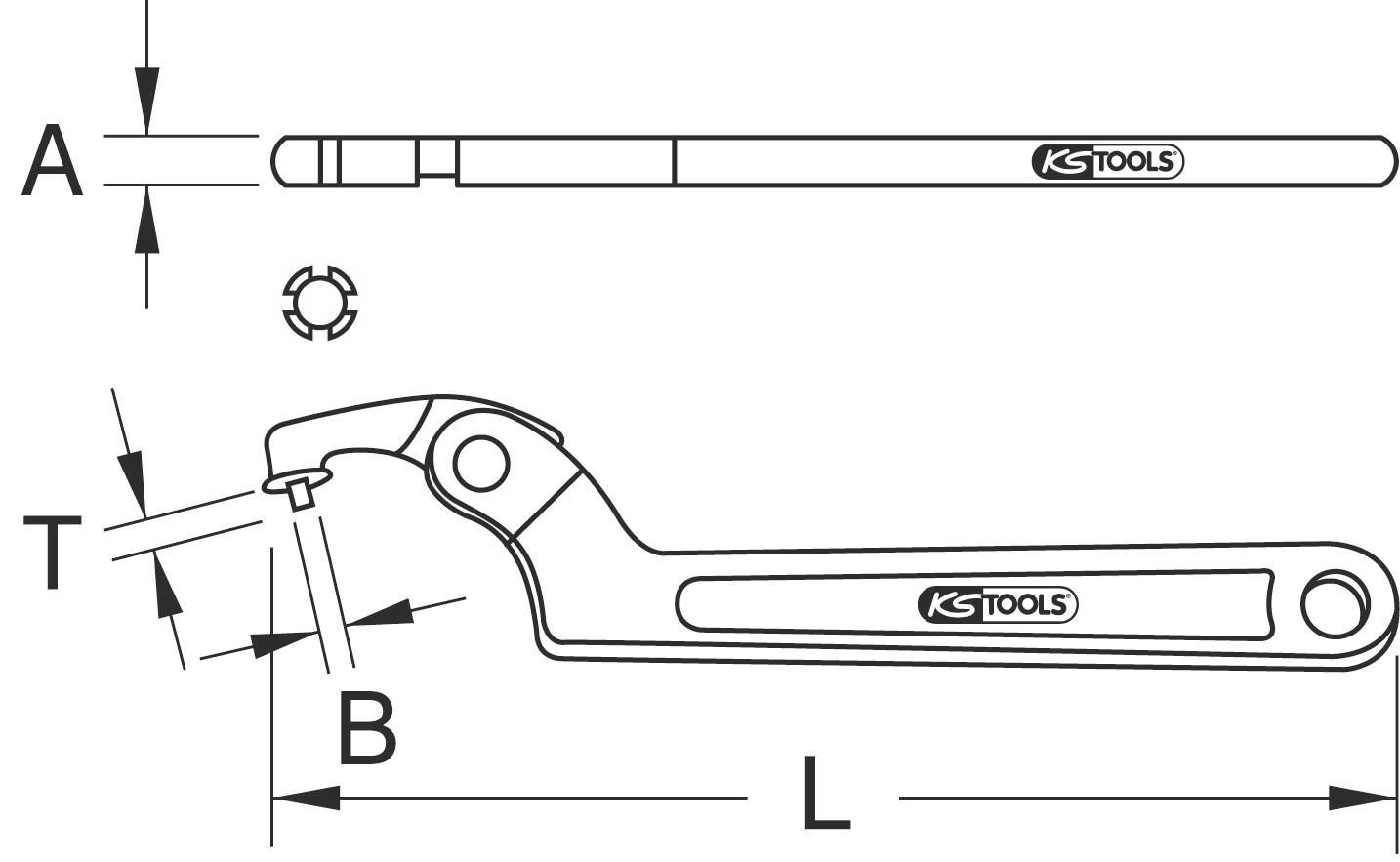 Schematische Zeichnung eines Hakenschlüssels mit Maßen A, B, L und T, hergestellt von KS Tools. Zeigt Form und Funktion des Werkzeugs.
