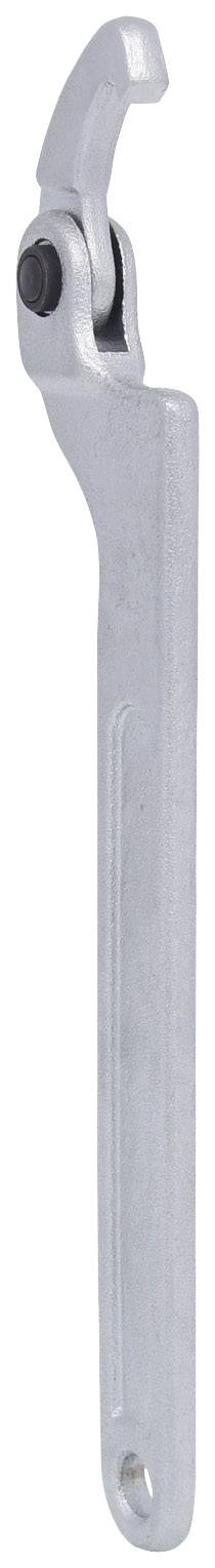 Ein silberner Hakenschlüssel mit einem gebogenen Kopf, geeignet zur Anpassung oder Entfernung von Muttern oder Schrauben.