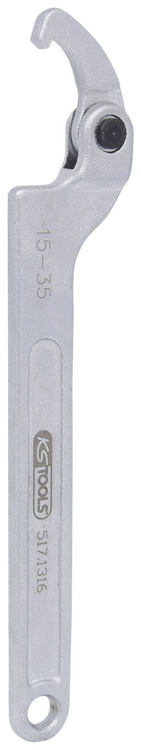 Ein silberner Hakenschlüssel mit verstellbarem Kopf, geeignet für die Größen 15-35 mm.