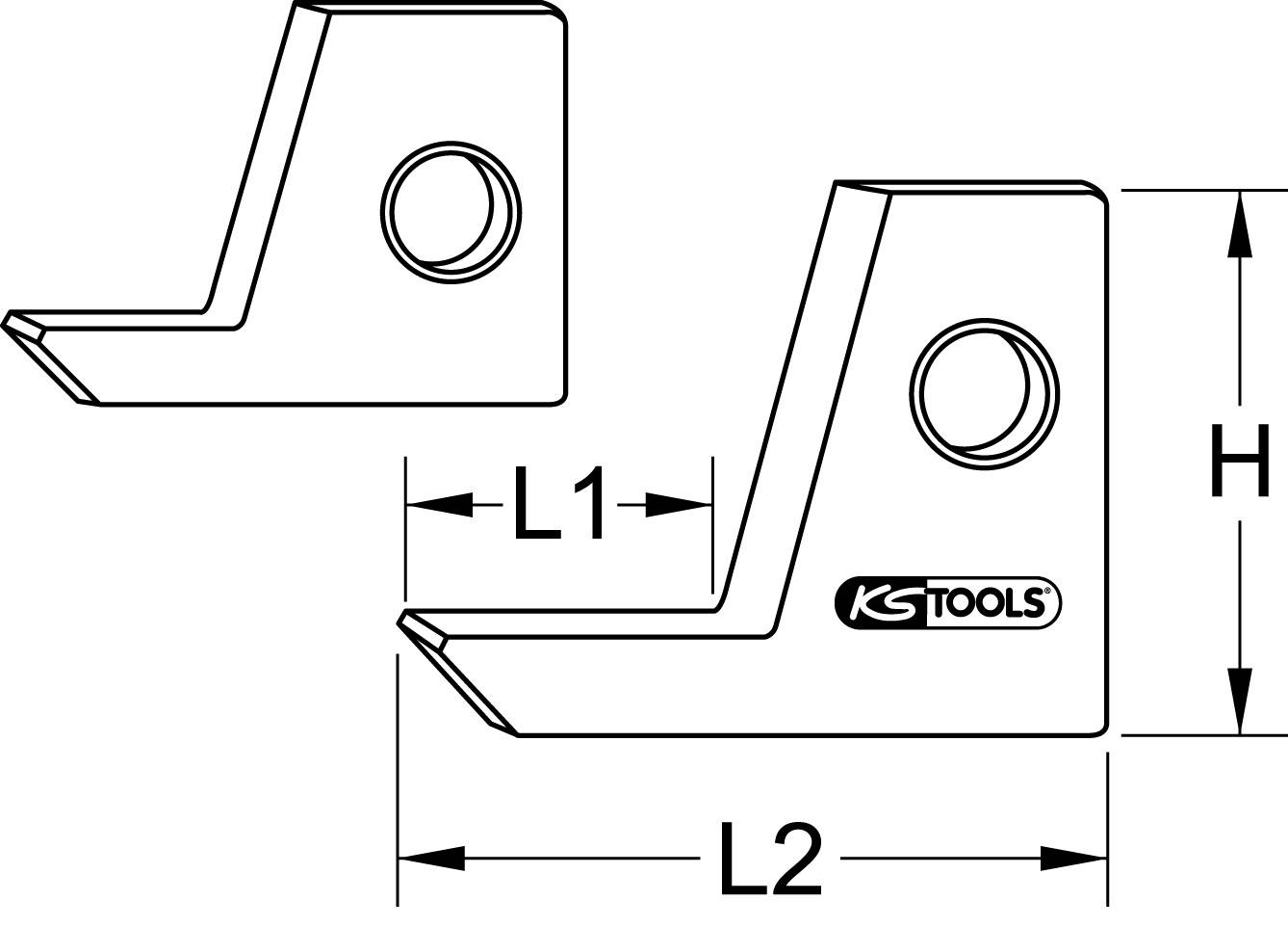 Technische Zeichnung von zwei Metallwinkeln mit Bohrungen. Maße: L1, L2 und Höhe H angegeben. Markierung: 'KS TOOLS'.