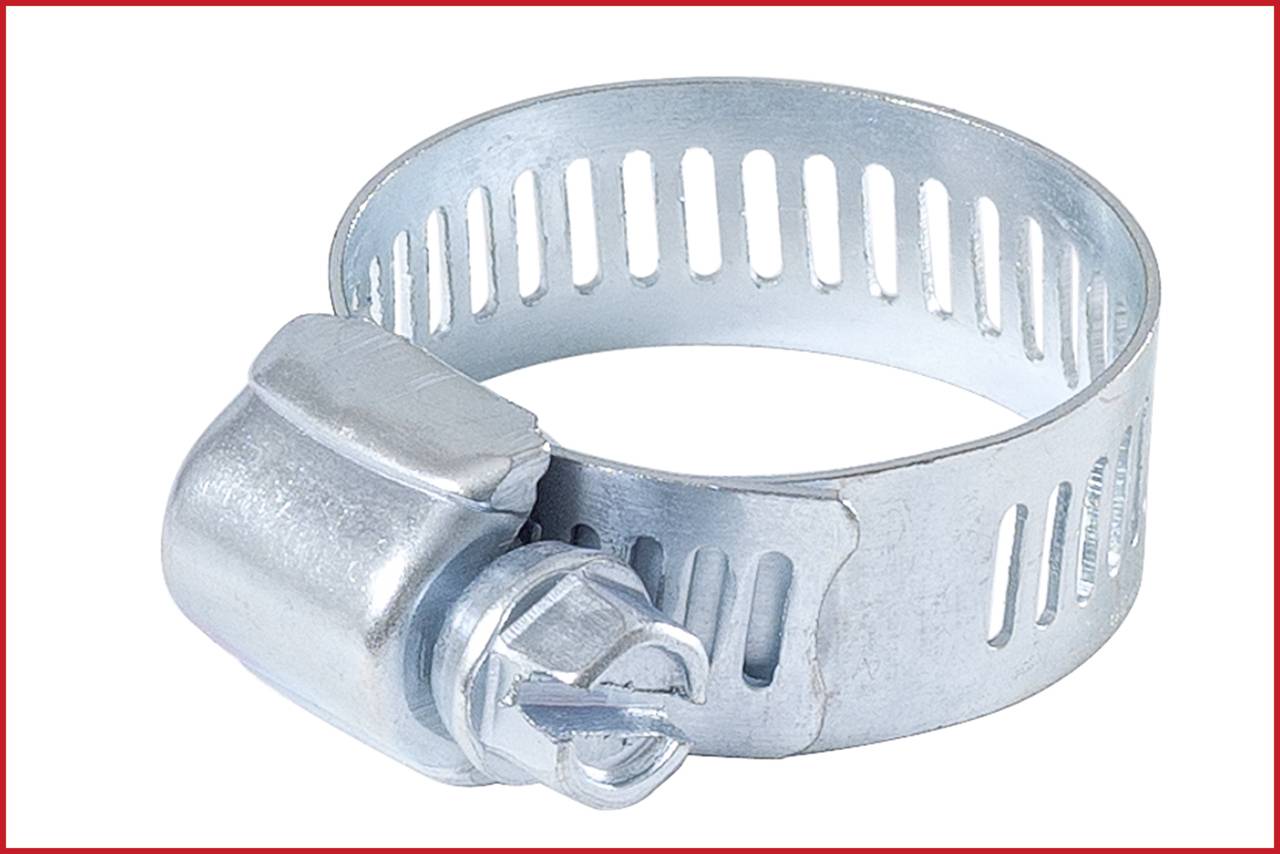 Abgebildet ist eine Metall-Schlauchschelle mit Schraubmechanismus, verwendet zur sicheren Befestigung von Schläuchen an Anschlüssen.