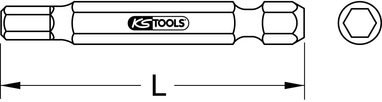Doppelseitige Bitverlängerung mit KS Tools Logo, zeigt Sechskant- und Innensechskantprofil. Länge 'L' wird hervorgehoben.
