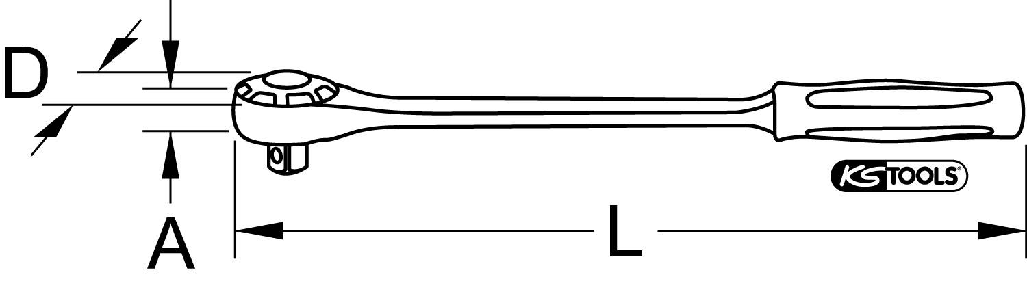 'Zeichnung eines Knarrenschlüssels mit markierten Dimensionen: Länge (L), Kopfdurchmesser (D) und Antriebsquadrat (A).'