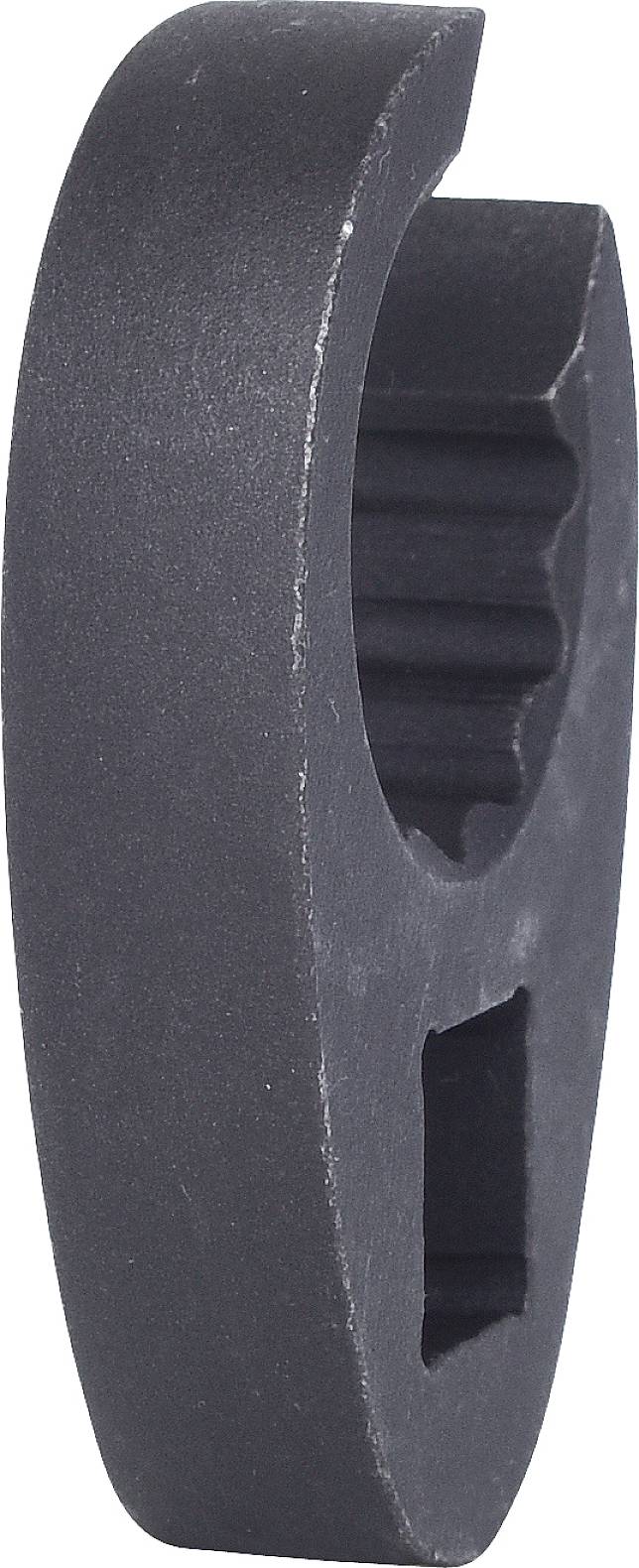 Schwarzes Zahnrad aus Kunststoff oder Metall, seitlich fotografiert. Breite gezahnte Innenfläche sichtbar, zeigt mechanische Funktion.