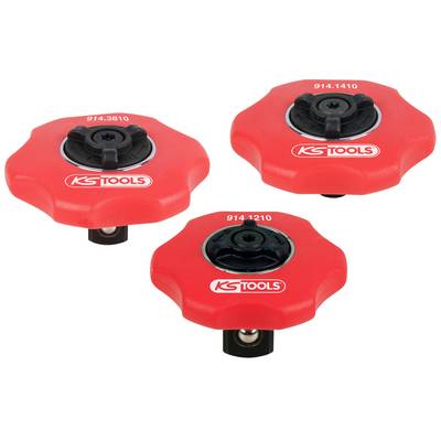 Drei rote Werkzeugkappen mit schwarzen Drehmechanismen und dem Logo 'KS Tools'. Modelle: 914.3810, 914.1410, 914.1210.