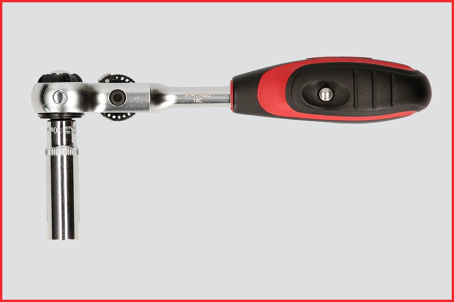 Eine umschaltbare Ratsche mit rotem und schwarzem Griff, geeignet für Schraubarbeiten, liegt auf einem grauen Hintergrund.
