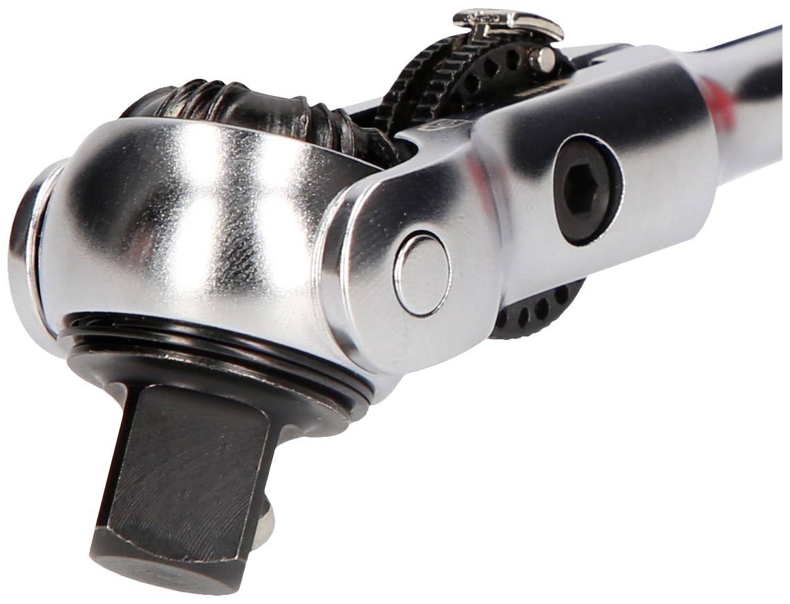 Nahaufnahme eines glänzenden Knarrenschlüssels mit einem drehbaren Kopf. Werkzeug zur Befestigung oder Lockerung von Schrauben.