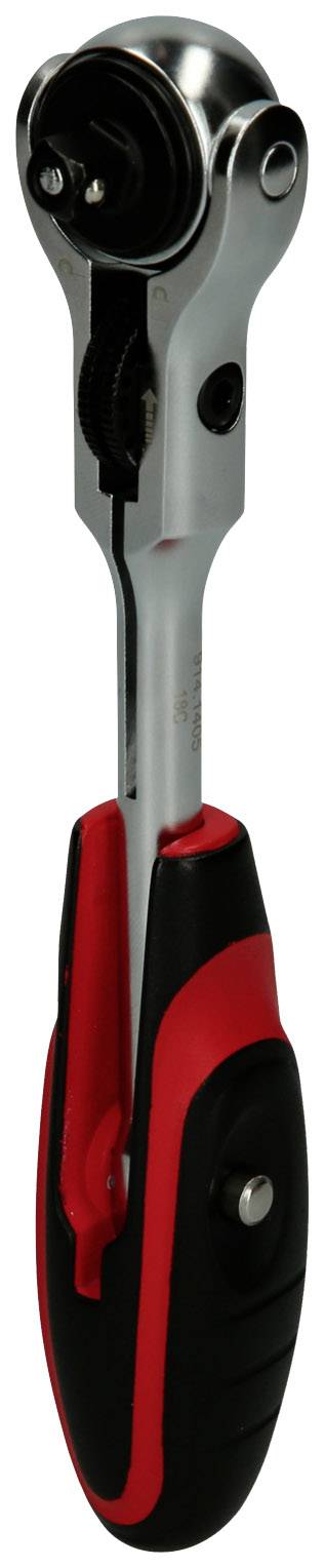 Ein Metallratschenwerkzeug mit schwarzem und rotem Handgriff, geeignet zum Anziehen oder Lösen von Schrauben.