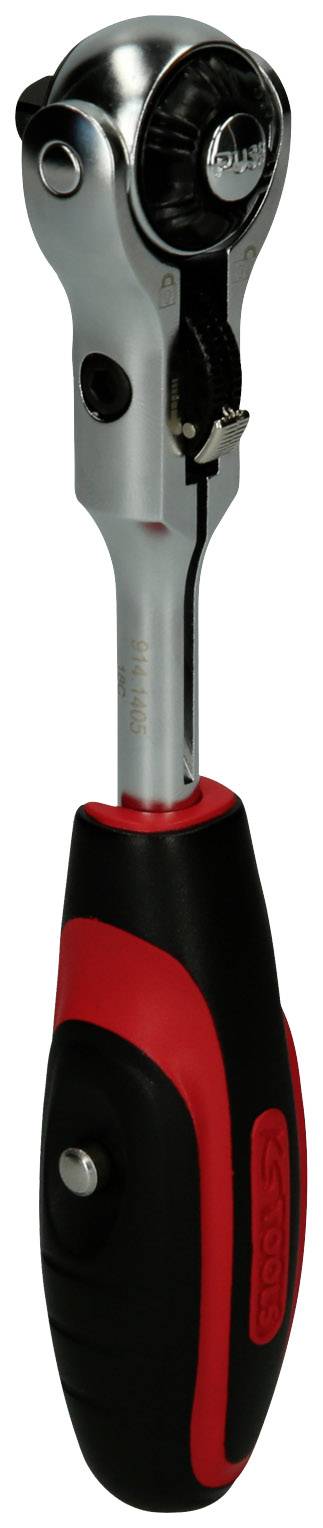 Ratsche mit ergonomischem Griff, schwarz-rot, Kopf in glänzendem Metall.