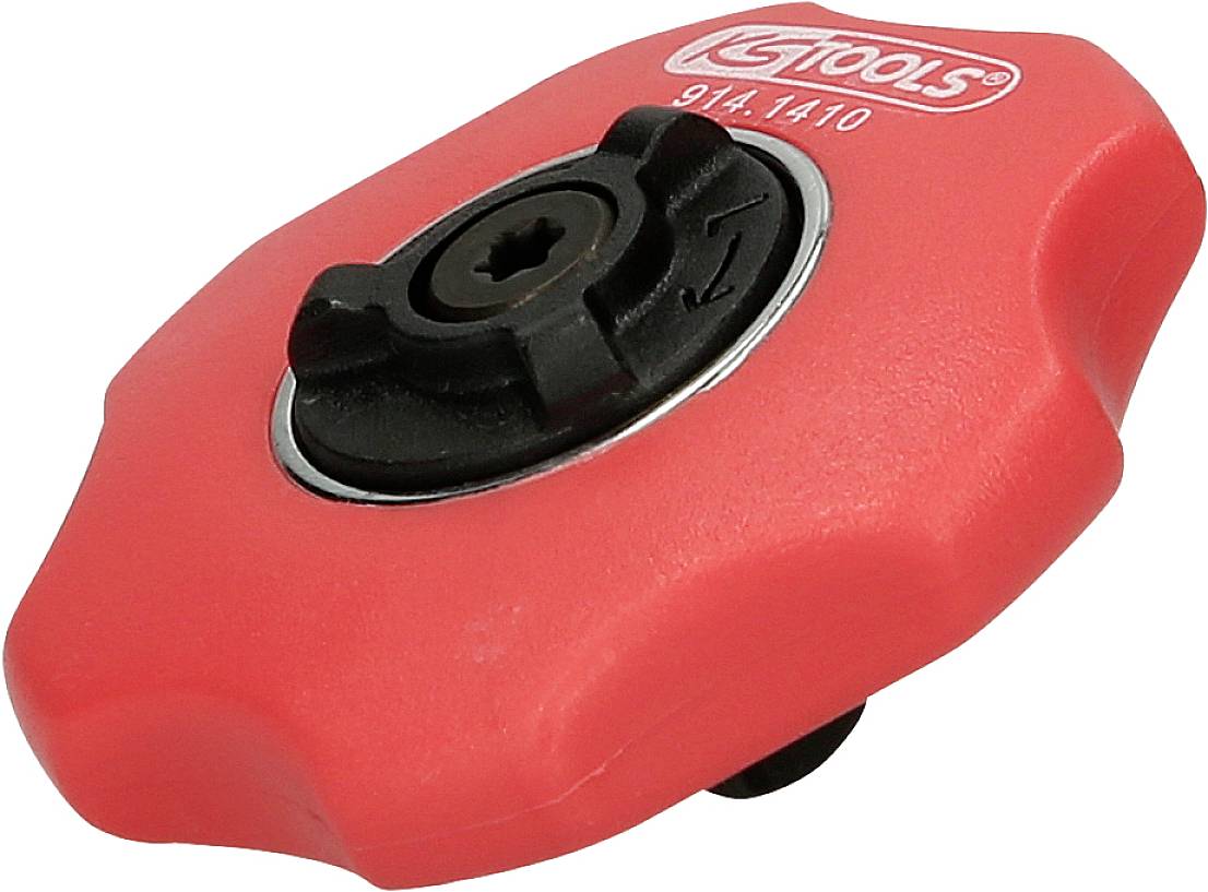 Rotes Werkzeugteil mit schwarzem, drehbarem Mechanismus in der Mitte. Oberhalb ist eine aufgeprägte Marke erkennbar.