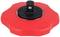 Roter, runder Plastikknauf mit schwarzem Metallteil in der Mitte. Verwendet zur Befestigung oder als Griff, ähnlich wie ein Schraubverschluss.