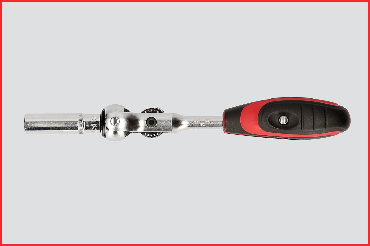 Steckschlüssel mit rotem und schwarzem Griff, der ausziehbar erscheint. Hauptsächlich für mechanische Arbeiten genutzt.