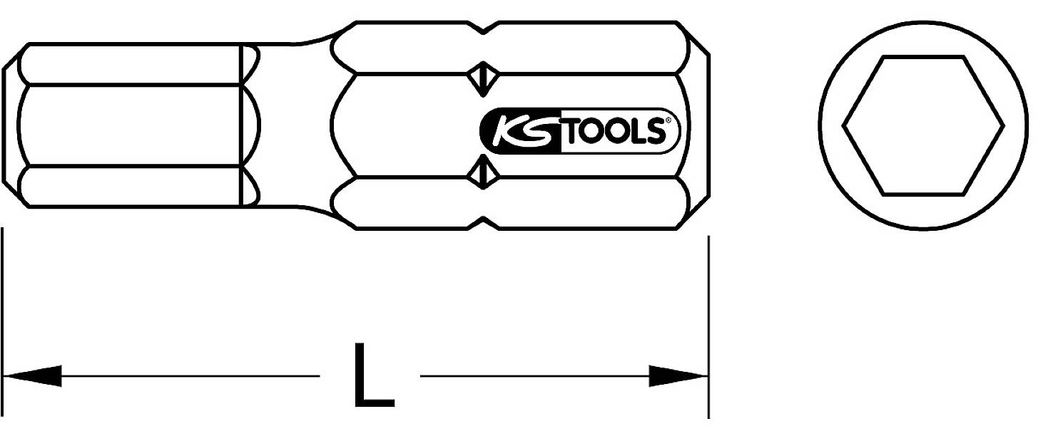 Diagramm eines Sechskant-Steckschlüssels mit 'KS Tools' Logo, zeigt Seiten- und Draufsicht, mit markierter Länge 'L'.