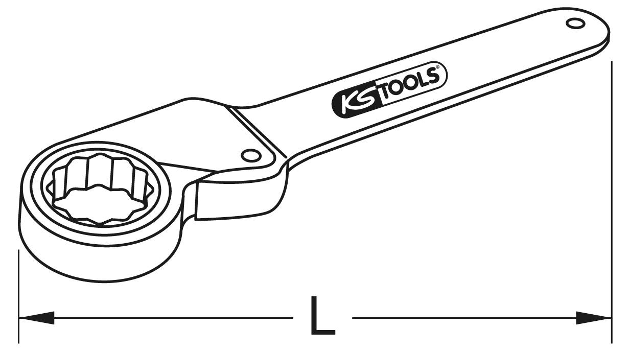 Ein Ringmaulschlüssel mit einem abgewinkelten Kopf und einem runden, gezahnten Inneren. Markennamen 'KS Tools' auf dem Griff.