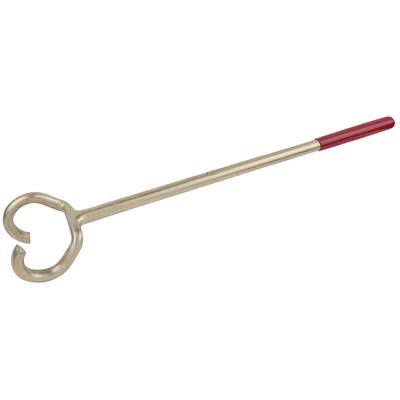 Ein langer, goldfarbener Schlüssel mit einer herzförmigen Spitze und einem roten Griff.