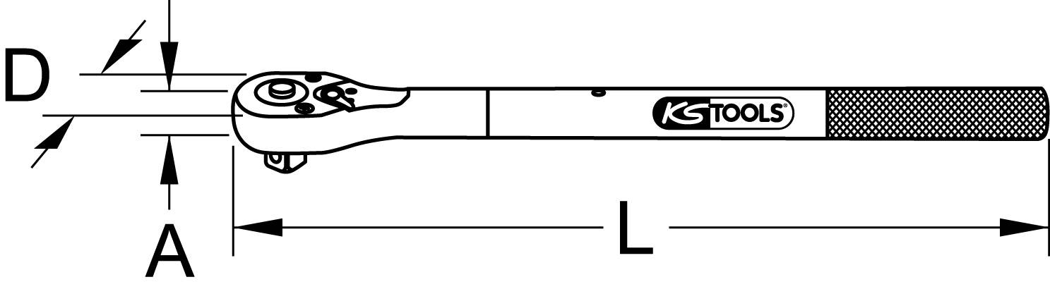 Abbildung eines Steckschlüssels mit einem Drehmechanismus. Beschriftet mit 'KS Tools'. Maße D und L sind angezeigt.