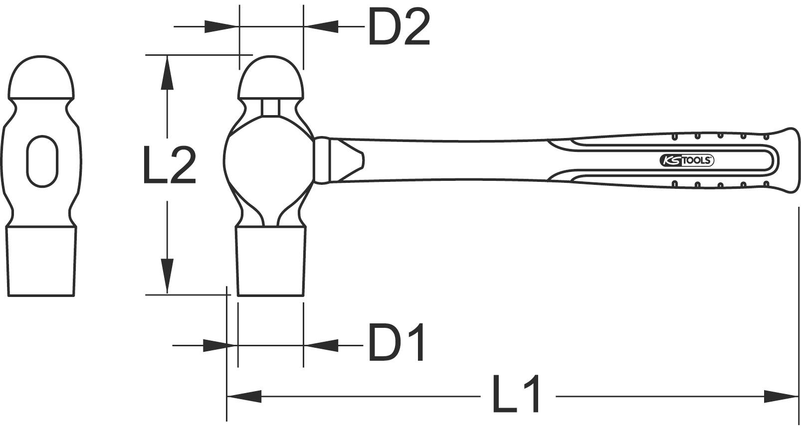 Zeichnung eines Hammers mit Maßen: D1, D2, L1, L2. Zeigt Kugelkopf und Griff. Instrument von KS Tools.