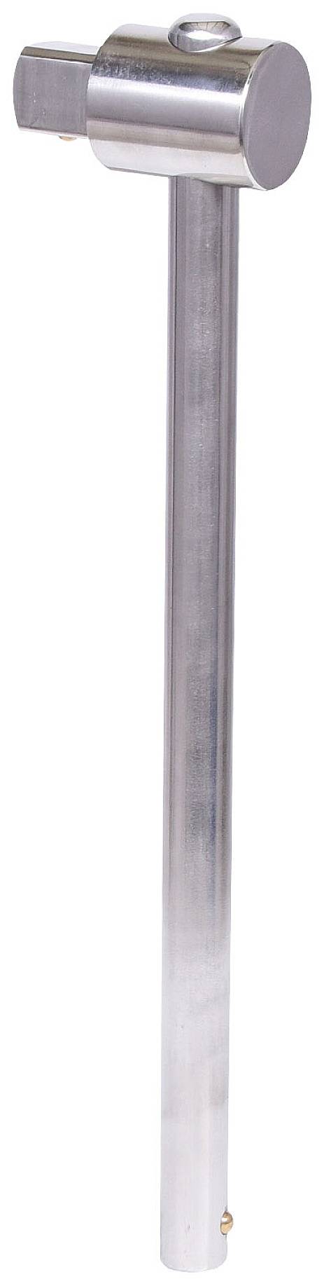Ein silbernes Metallwerkzeug mit einem langen Griff und einem flachen, runden Kopf. Es könnte für spezielle mechanische Anwendungen verwendet werden.