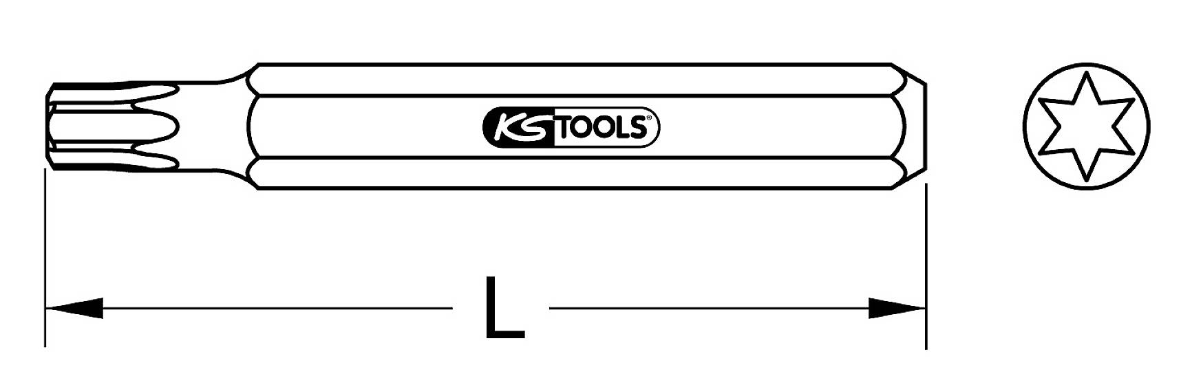 'Abbildung eines Torx-Bits von KS Tools mit zwölfzackigem Profil und eingeprägtem Logo. Seitliche Ansicht zeigt Länge mit Beschriftung L.'