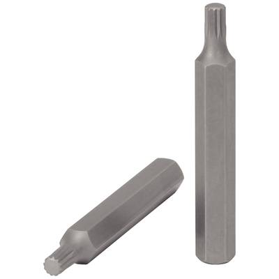 Zwei silberne Vielzahn-Bits mit Spline-Profil, einer liegend und einer stehend. Sie sind Werkzeuge zur Schraubmontage.
