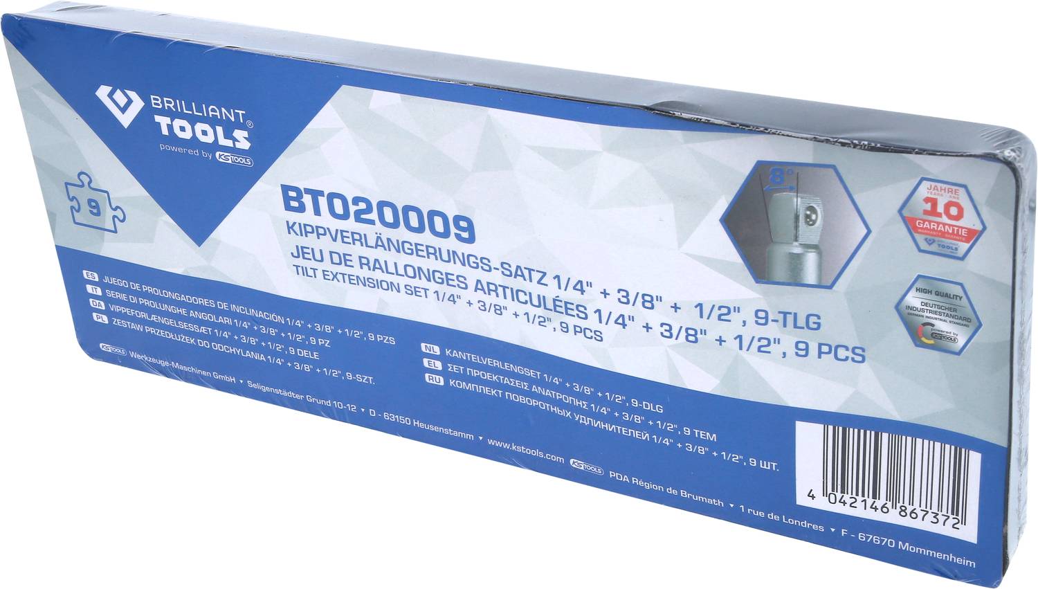 Verpackung eines Kippverlängerungs-Satzes von Brilliant Tools. Enthält Angaben zu Größen: 1/4", 3/8", 1/2". Neun Teile, 10 Jahre Garantie.