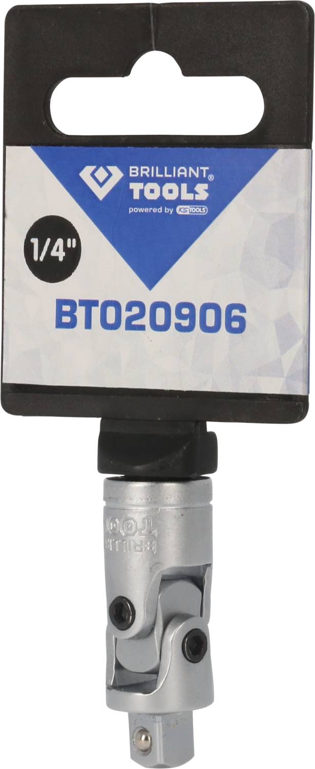 Ein silberner Werkzeugadapter mit der Aufschrift '1/4" BT020906' auf der Verpackung von Brilliant Tools.