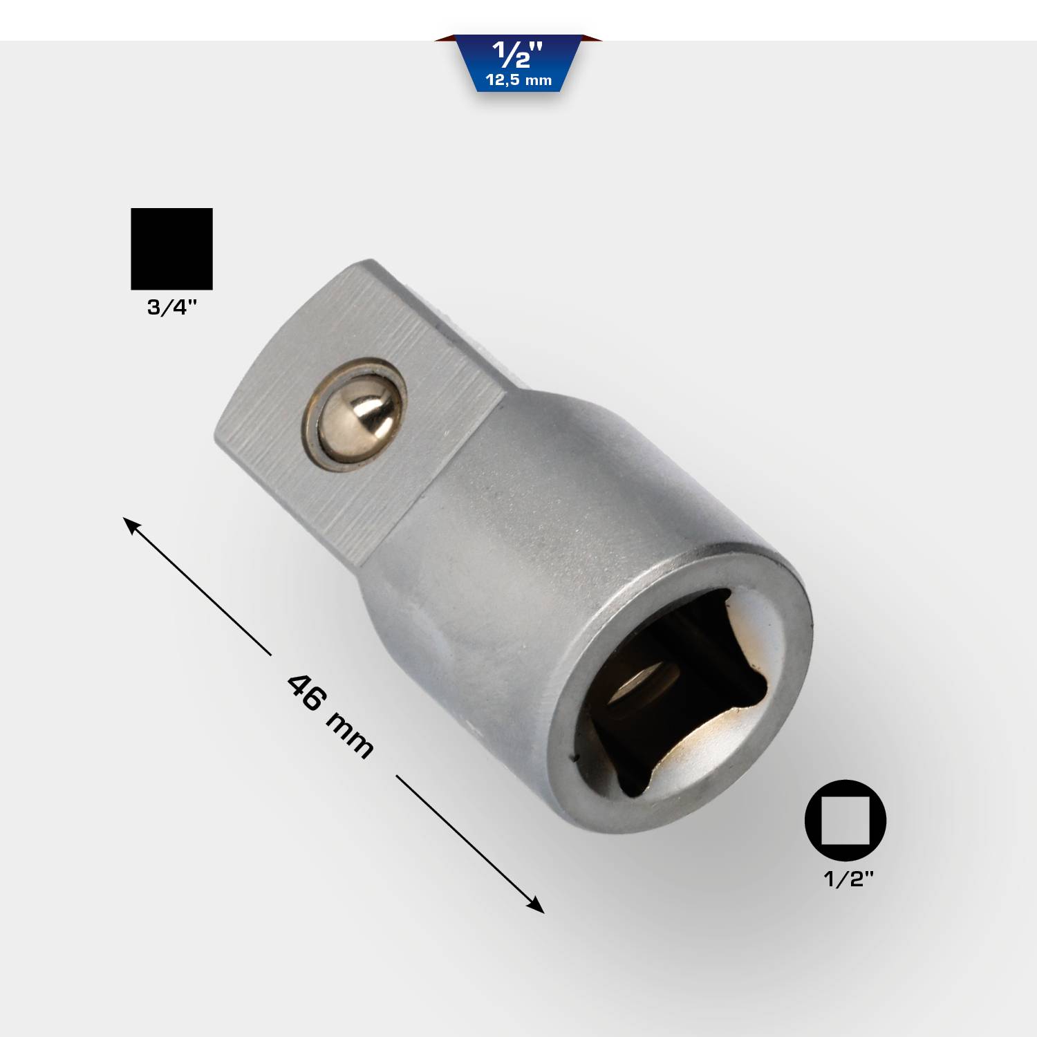Stecknussadapter von 3/4" zu 1/2" mit einer Länge von 46 mm, dargestellt gegen einen hellen Hintergrund.