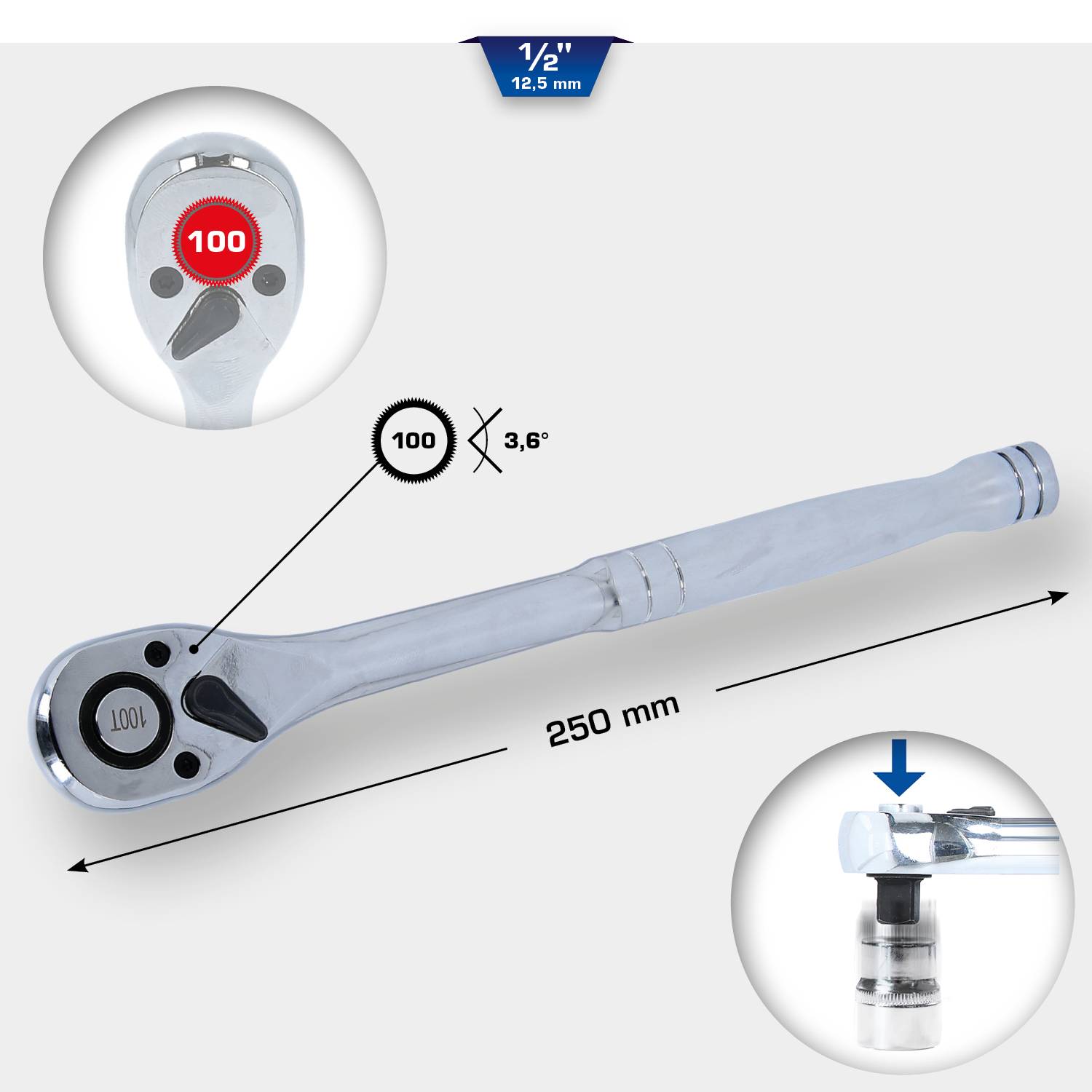 'Ratsche mit 250 mm Länge und 1/2 Zoll Antrieb, 100-Zahn-Mechanismus für 3,6 Grad Drehung. Detailansicht des Verriegelungsmechanismus.'