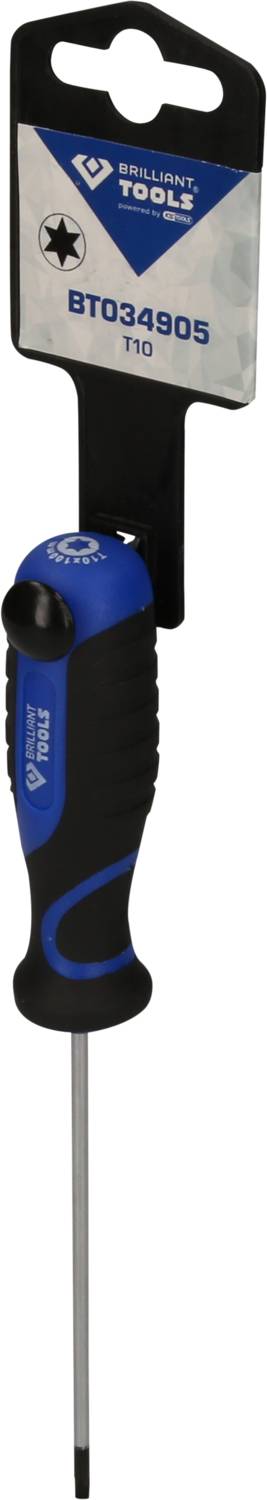 Blauer Schraubendreher mit schwarzem Griff und Schild mit der Aufschrift 'Brilliant TOOLS BT034905 T10'.