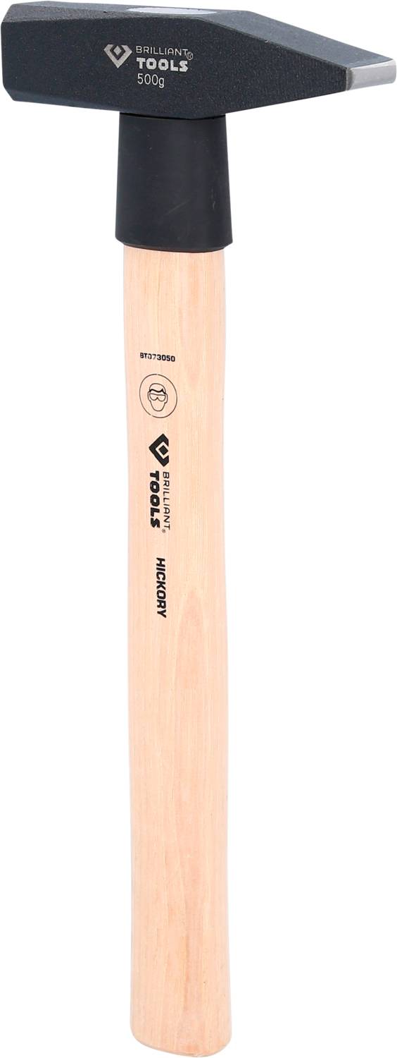 Ein Hammer mit Holzgriff und schwarzem Metallkopf, auf dem der Schriftzug '500 g GLORIA TOOLS' steht.