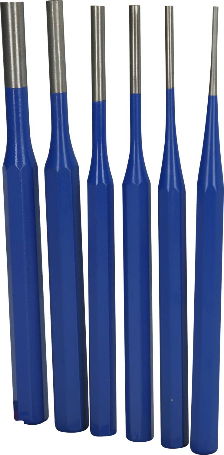 Sechs blaue Durchschläge mit silbernen Spitzen in unterschiedlichen Größen, nebeneinander angeordnet.