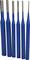 Sechs blaue Durchschläge mit silbernen Spitzen in unterschiedlichen Größen, nebeneinander angeordnet.