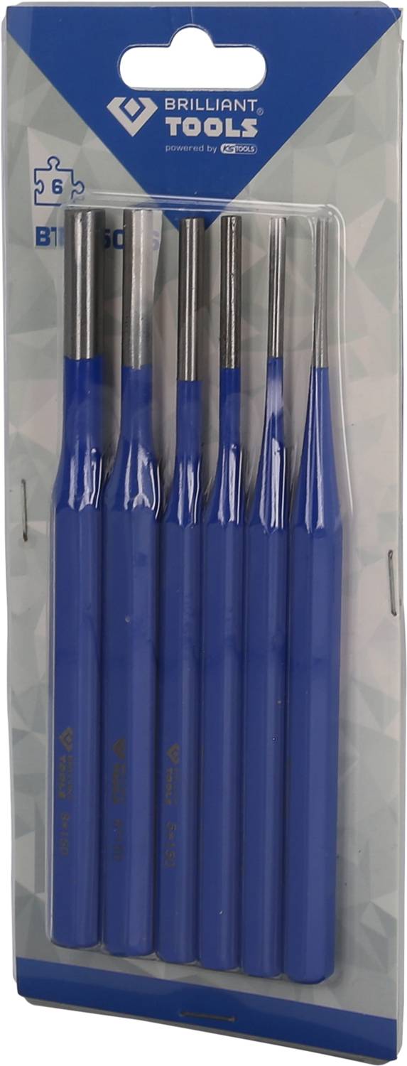 'Brilliant Tools' Spitzmeißel-Set in einer blauen Verpackung mit fünf Meißeln, verschiedene Größen. Verpackung zeigt das Logo und Markenname oben.