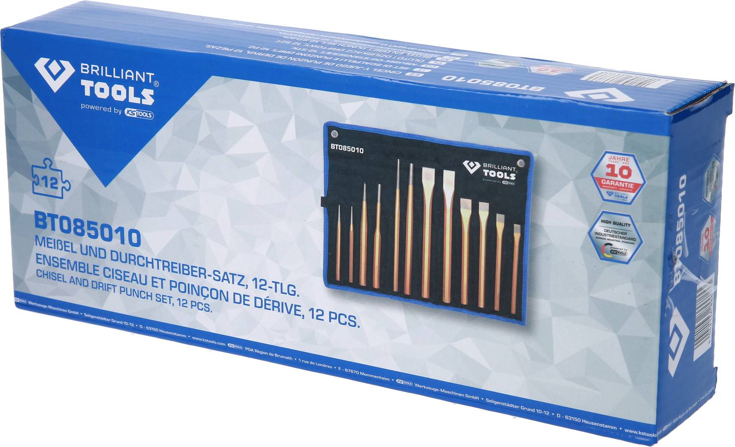 'Verpackung eines Meißel- und Durchtreibersatzes von Brilliant Tools, 12-teilig, mit Bild des Werkzeugsatzes und Produktinformationen.'