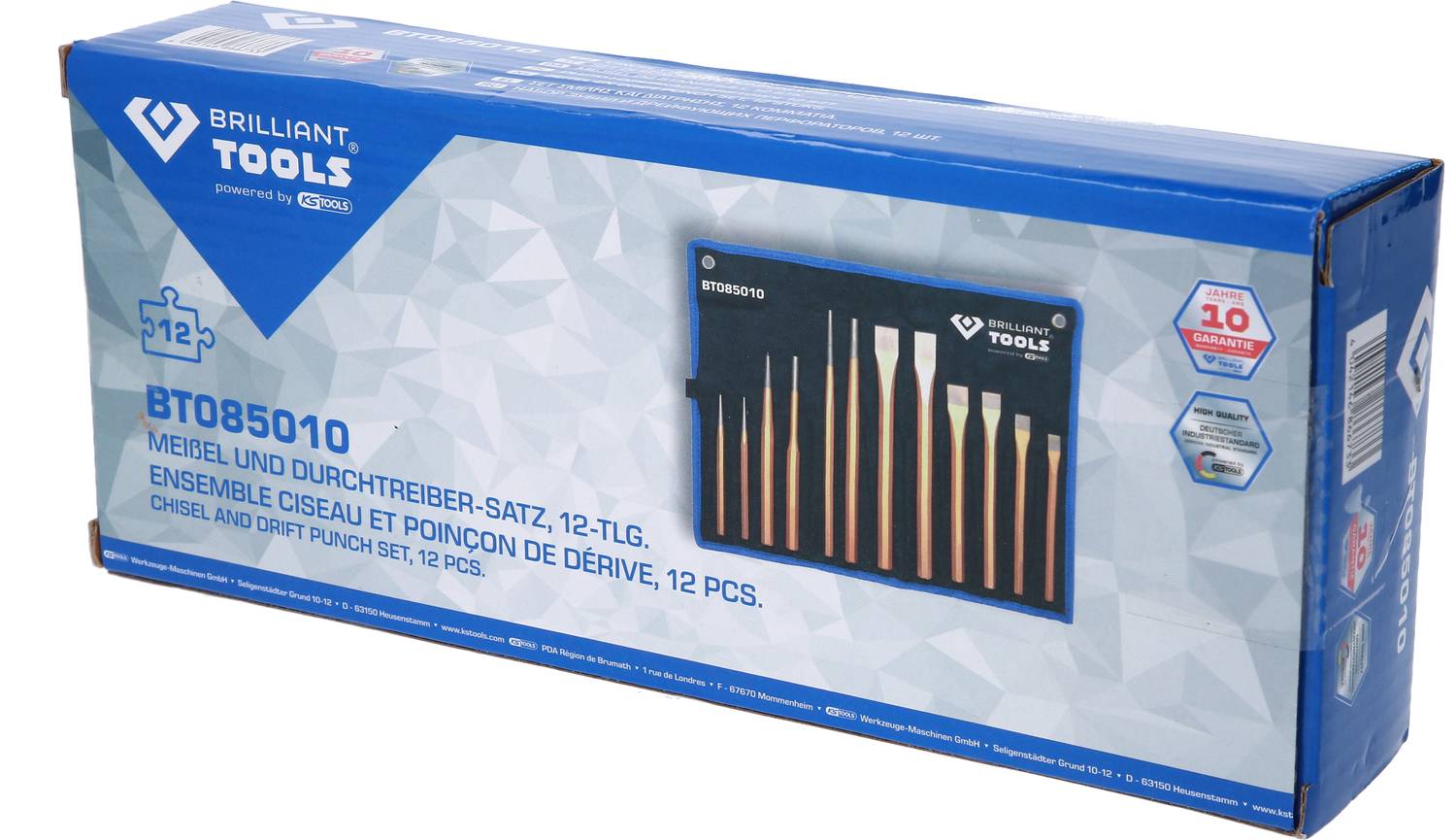 Verpackung eines 12-teiligen Meißel- und Durchtreiber-Satzes von Brilliant Tools, Modell BT085010, mit blauer, geöffneter Box-Abbildung.