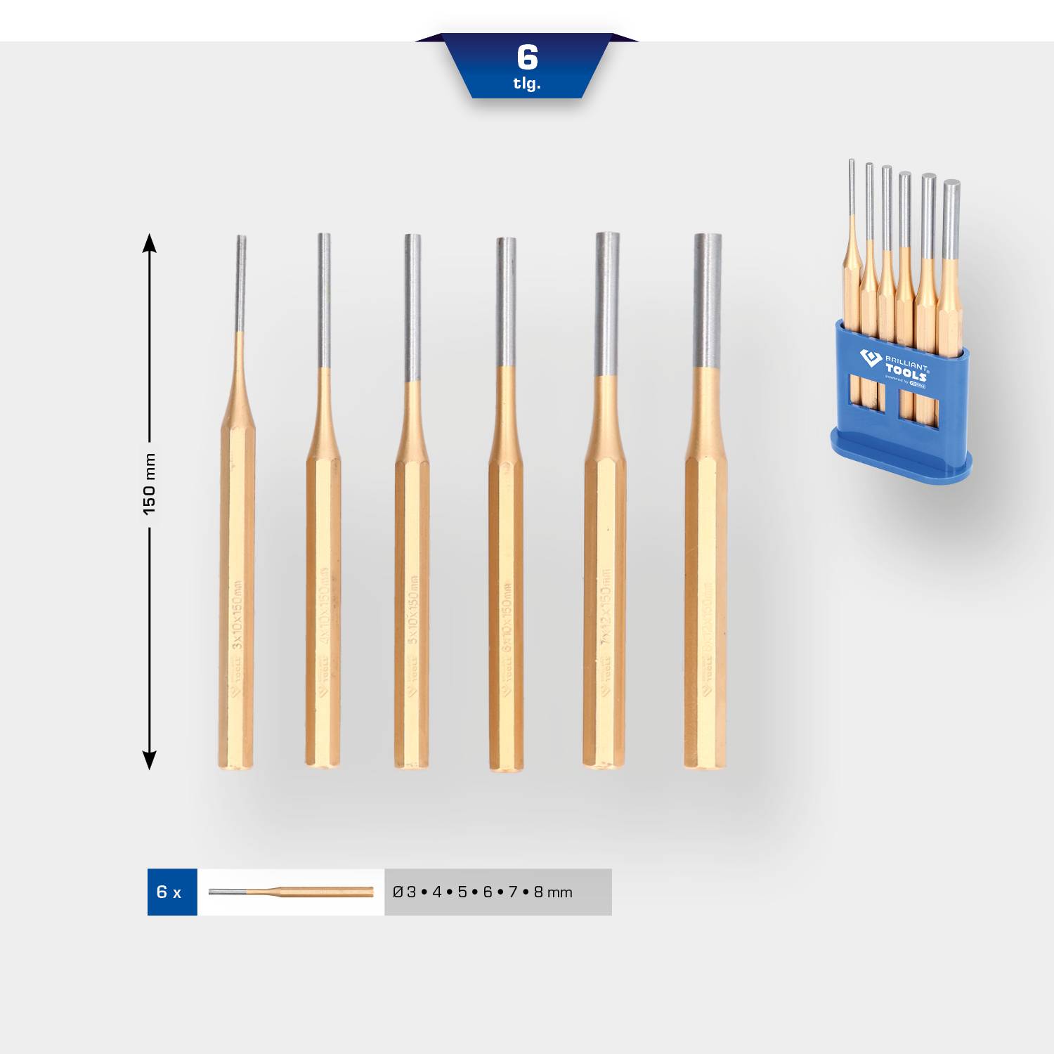 Ein sechsteiliges Set goldfarbener Zentrierwerkzeuge in verschiedenen Größen (3-8 mm), mit praktischem blauem Halter.