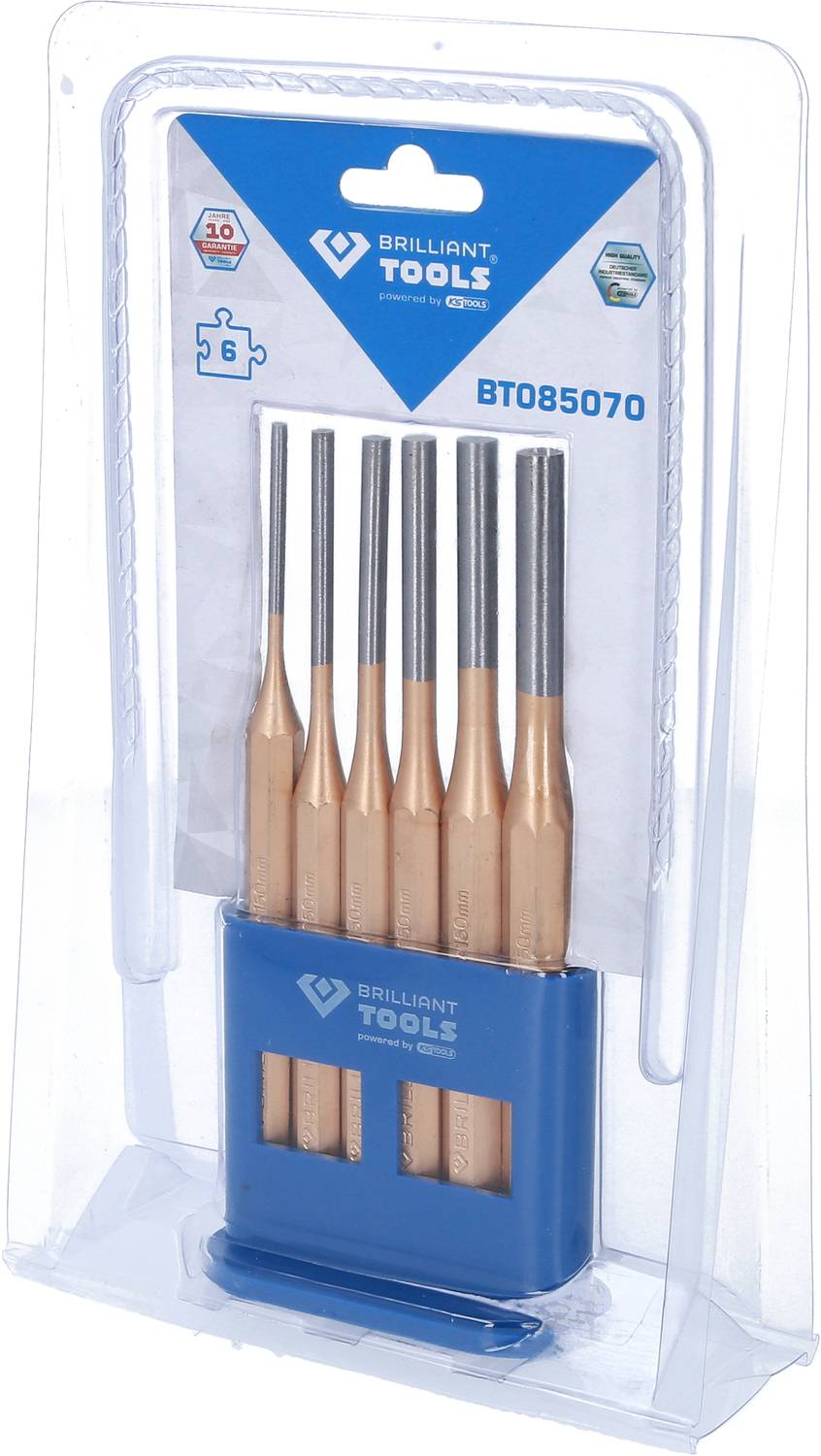 Verpackung mit Meißelsatz von 'BRILLIANT TOOLS', fünf verschiedene Größen, geeignet für Holzarbeiten, in Kunststoffverpackung.