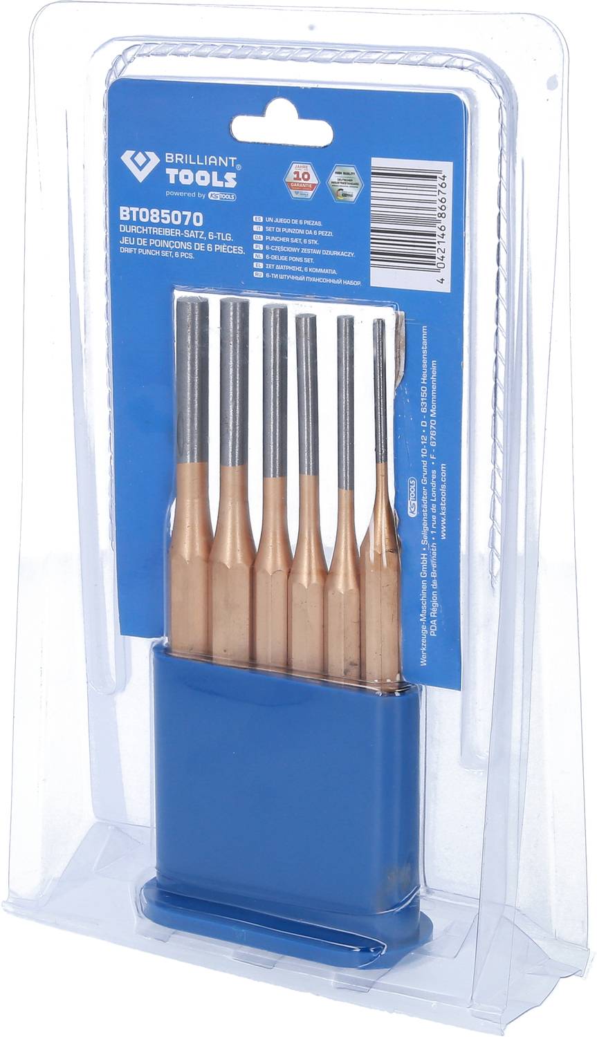 Ein Set von sechs Schlagdorn-Werkzeugen, verpackt in einer durchsichtigen Kunststoffverpackung.