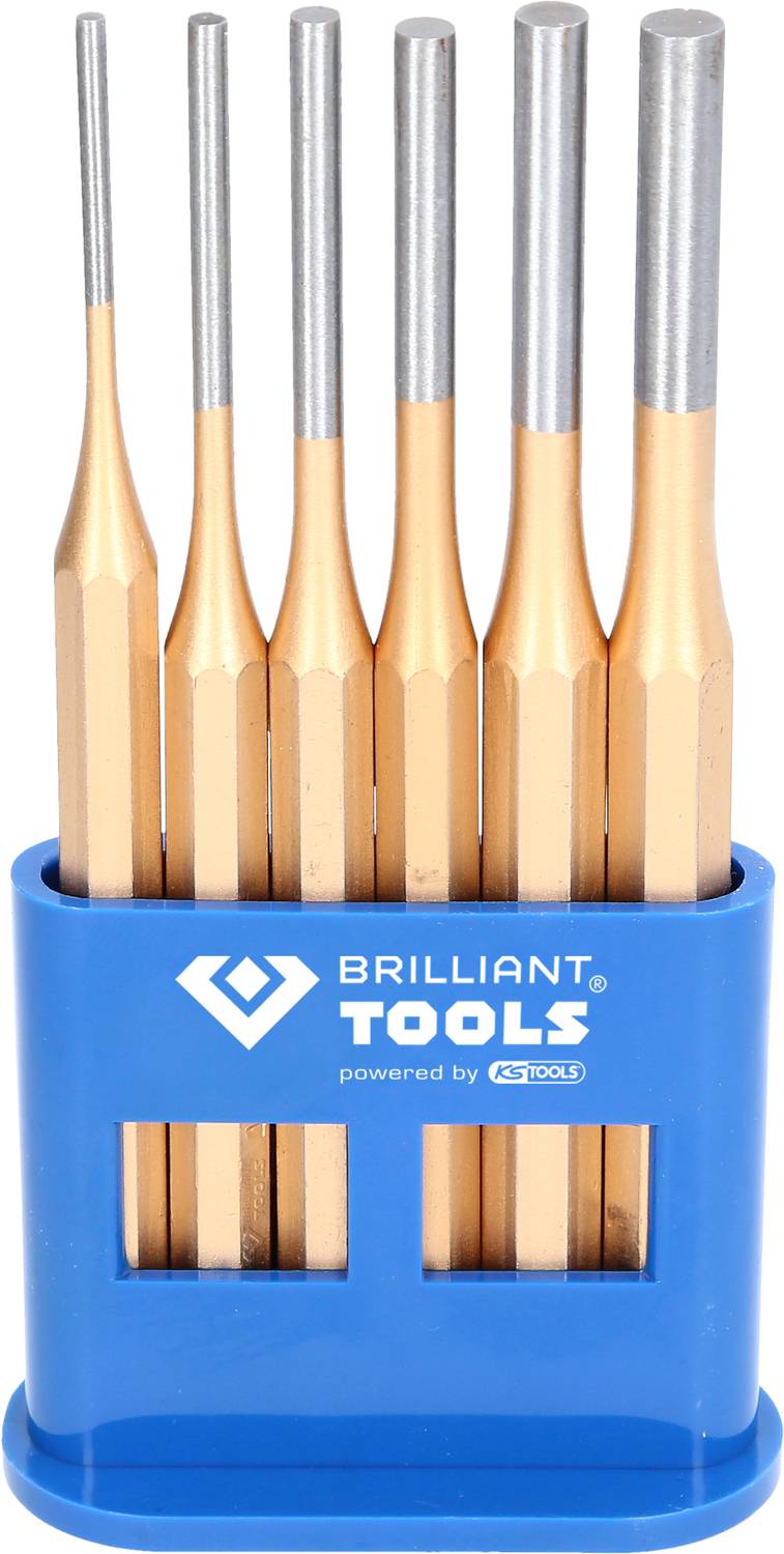 Satz mit sechs Meißeln in einem blauen Halter, mit der Aufschrift 'Brilliant Tools'.