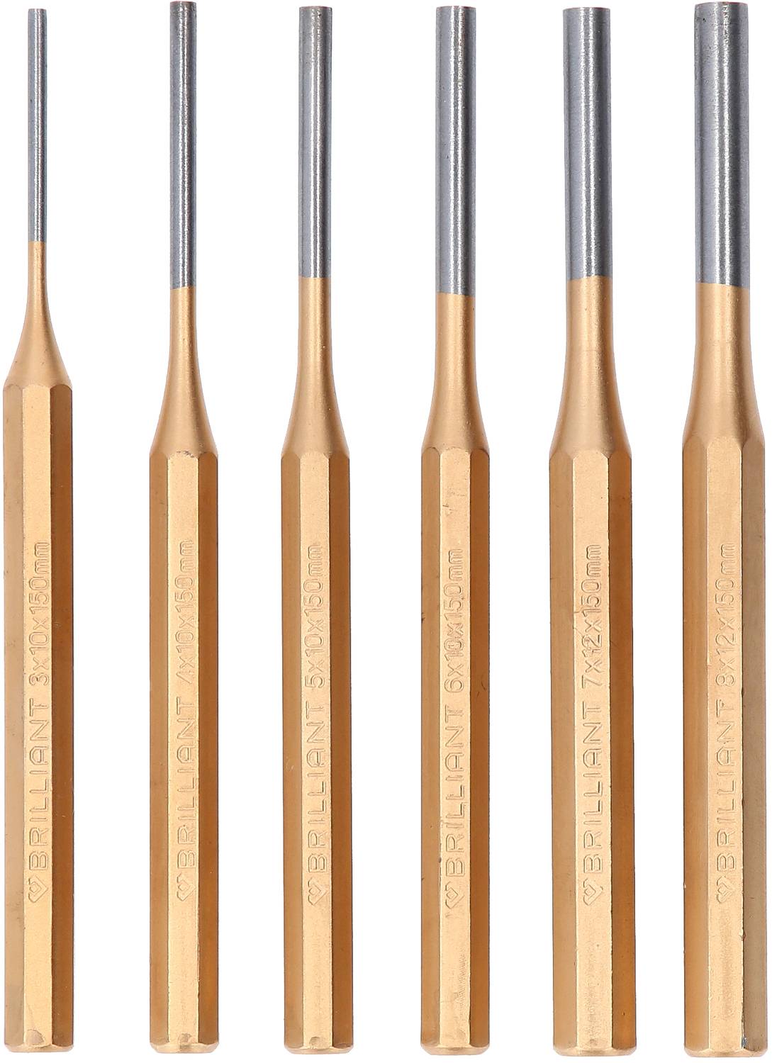 Sechs goldfarbene Ausdrückstifte in verschiedenen Längen, für präzises Arbeiten mit Uhren oder feinmechanischen Geräten geeignet.