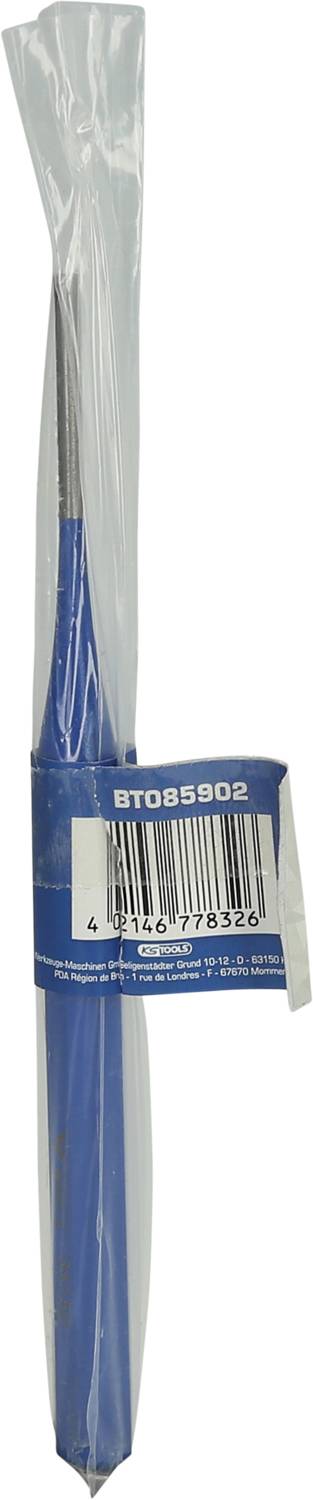 Eine verpackte Häkelnadel aus Kunststoff, blau, mit sichtbarem Barcode und Artikelnummer 'BT085902' auf dem Etikett.