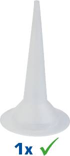Weißer konischer Ersatzteil mit breiter Basis. Darunter ein blauer '1x' Text und ein grünes Häkchen.
