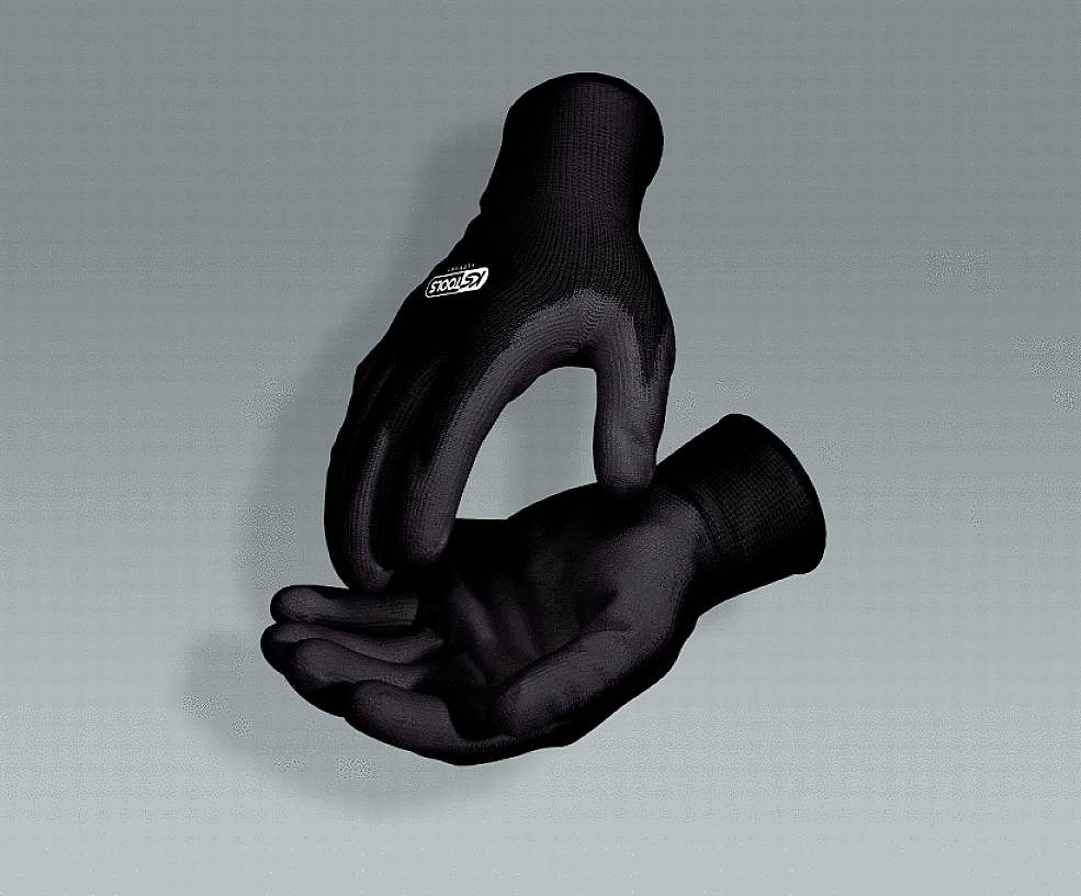 Zwei schwarze Handschuhe, einer zeigt die Handfläche, der andere den Handrücken. Sie sind auf einem grauen Hintergrund positioniert.