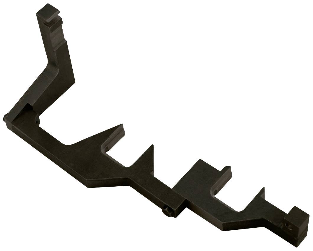 Ein schwarzes, komplex geformtes Kunststoffteil mit mehreren Haken und Winkeln, möglicherweise ein technisches Bauteil oder eine Halterung.