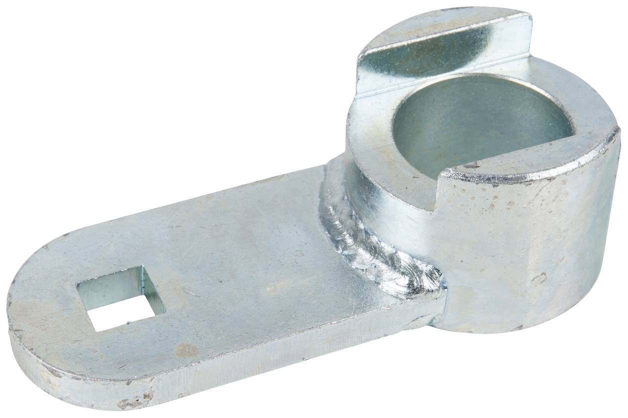 Ein metallisches Bauteil mit einem ovalen Boden und einer runden Halterung. Es hat eine quadratische Öffnung am Rand.