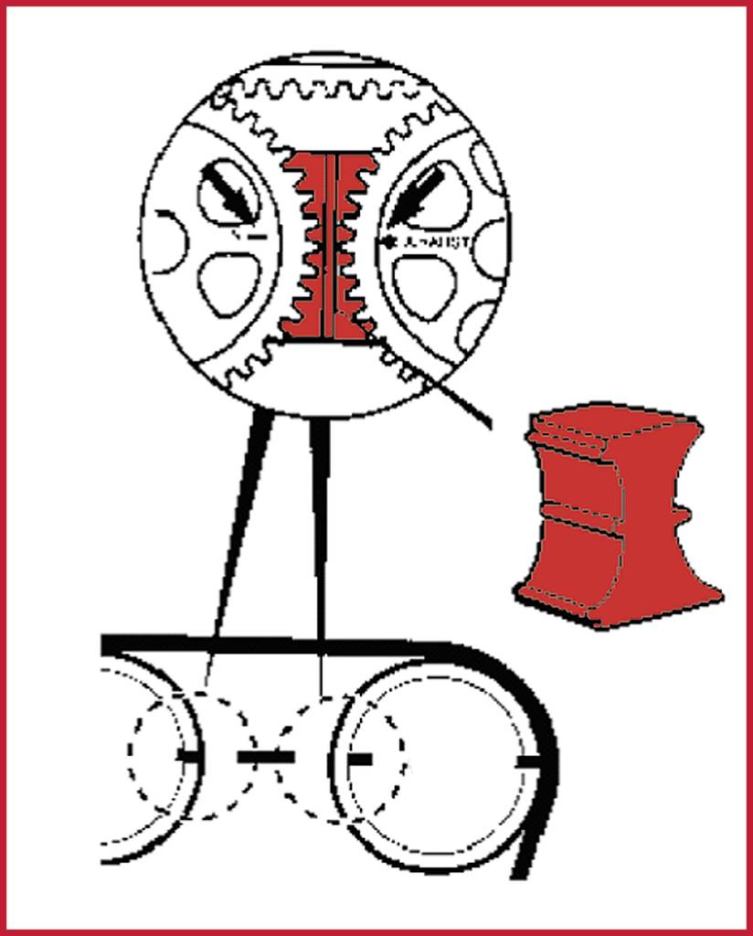 Schwarz-weiße technische Illustration eines Maschinenbauteils mit rotem hervorgehobenem Segment. Detailansicht zeigt Verzahnungen.