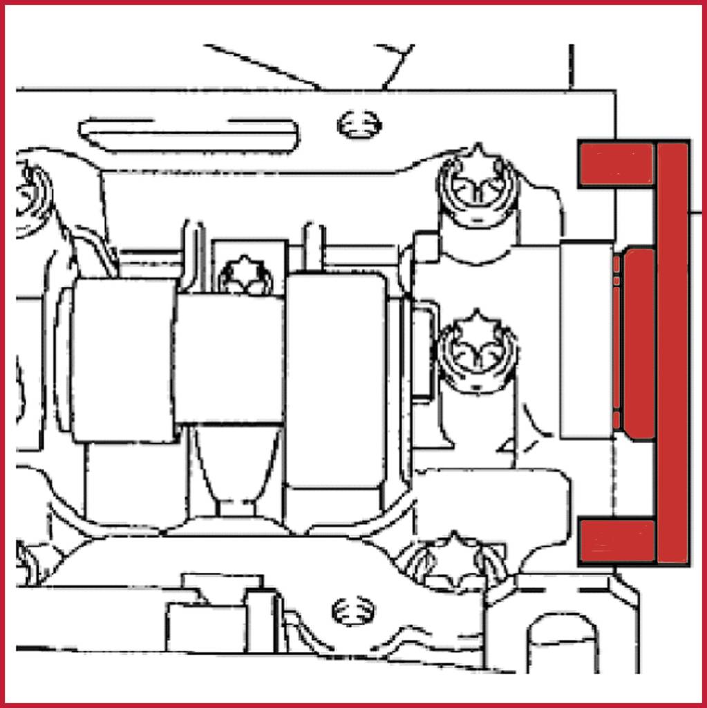 Technische Zeichnung eines Maschinenbauteils mit hervorgehobener roter Komponente rechts. Details wie Schrauben und Zahnräder sichtbar.