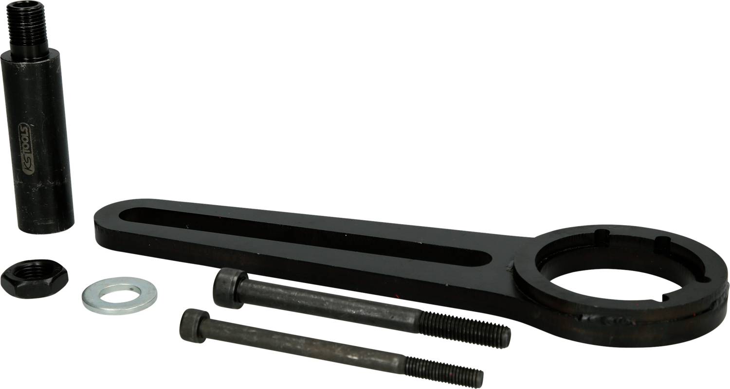 Werkzeugset für Autoreparaturen, bestehend aus einem Schraubenschlüssel, zwei Bolzen, einer Mutter, einer Scheibe und einem Adapter.