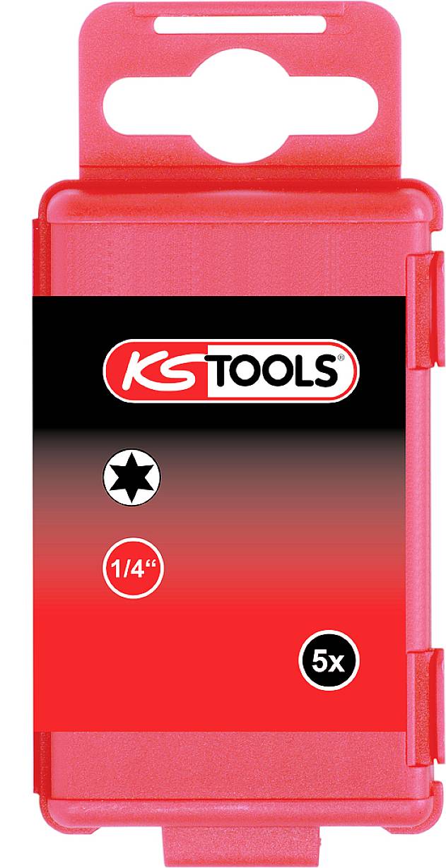 Rote Kunststoffverpackung mit dem Logo 'KS Tools'. Zeigt Piktogramme für Torx-Bits und die Größe '1/4 Zoll', enthält 5 Stück.