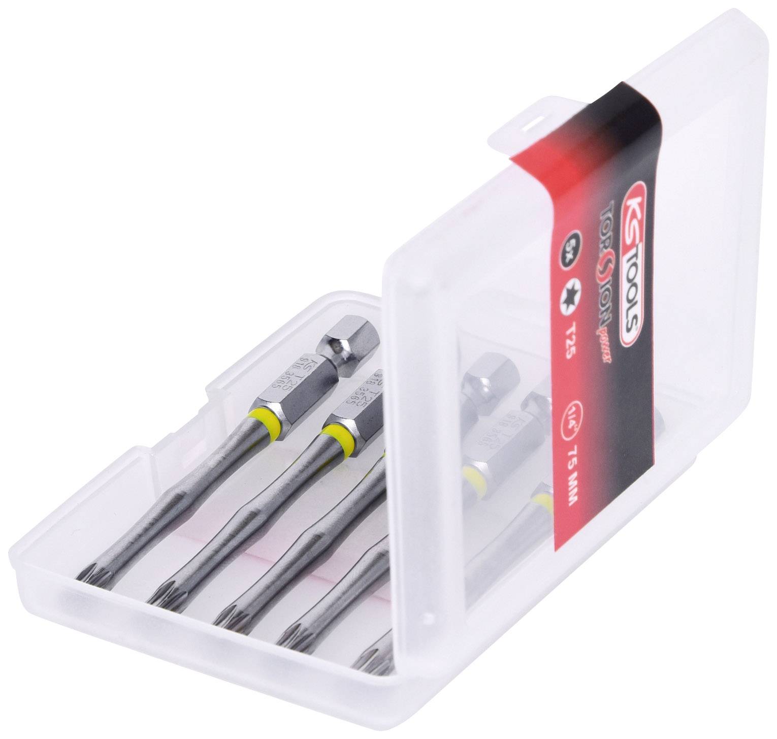 Ein Satz Torx-Bits in einer transparenten Box. Die Bits sind aus Metall mit gelben Markierungen und werden von KS Tools hergestellt.